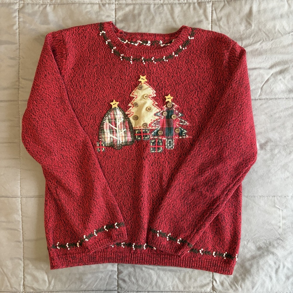 VTG Women's S/M ? Christmas Sweater Button Embroidered Tree Buttons Y2K Cottage - Picture 6 of 10
